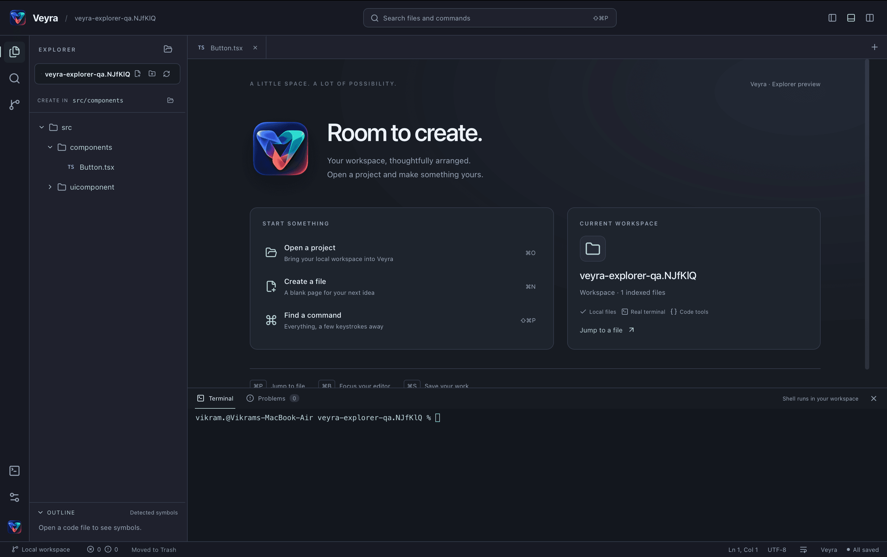 The Veyra editor with explorer, code and terminal