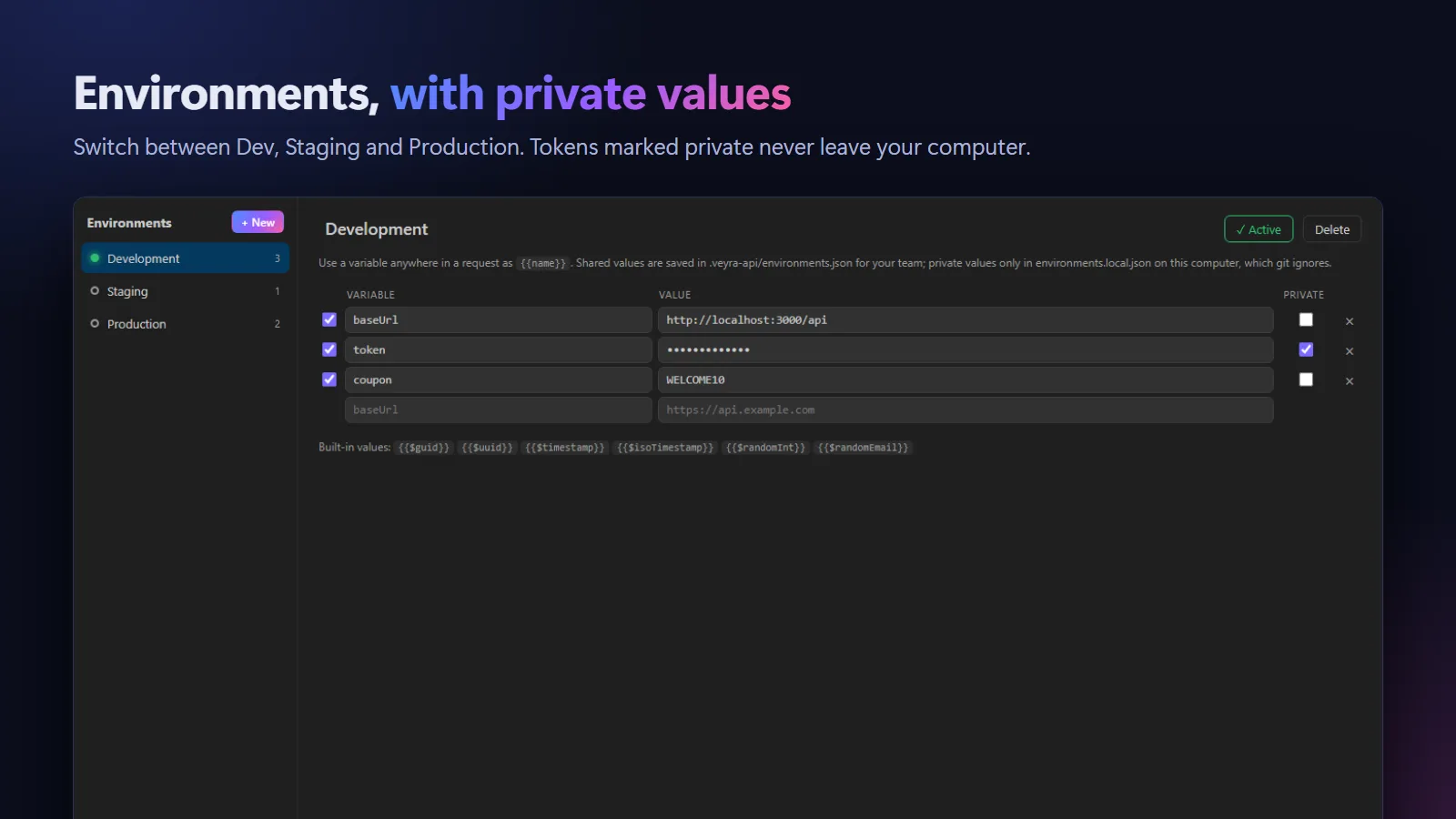 The environment editor with Development active, a private token shown as dots, and built-in values