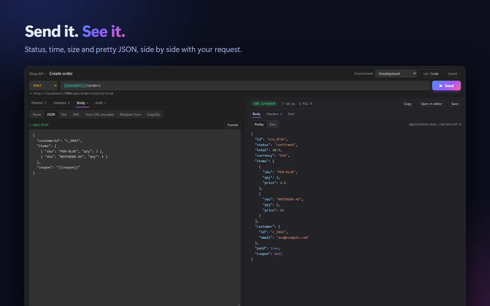 A POST request with a JSON body beside its 201 Created response, 84 ms and 412 bytes, shown as pretty JSON