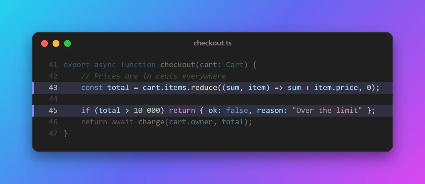 A TypeScript snippet on a gradient in a macOS-style window, with two highlighted lines