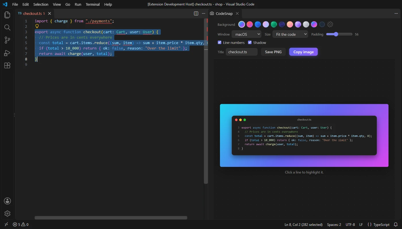 VS Code with code selected and the CodeSnap panel beside it