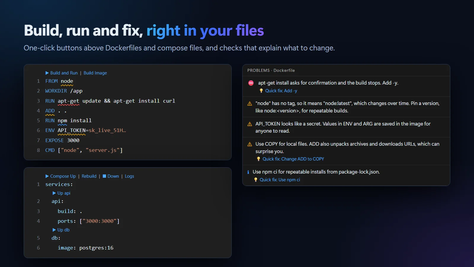 A Dockerfile with Build and Run buttons and underlined mistakes, a compose file with Compose Up buttons, and the Problems list with quick fixes