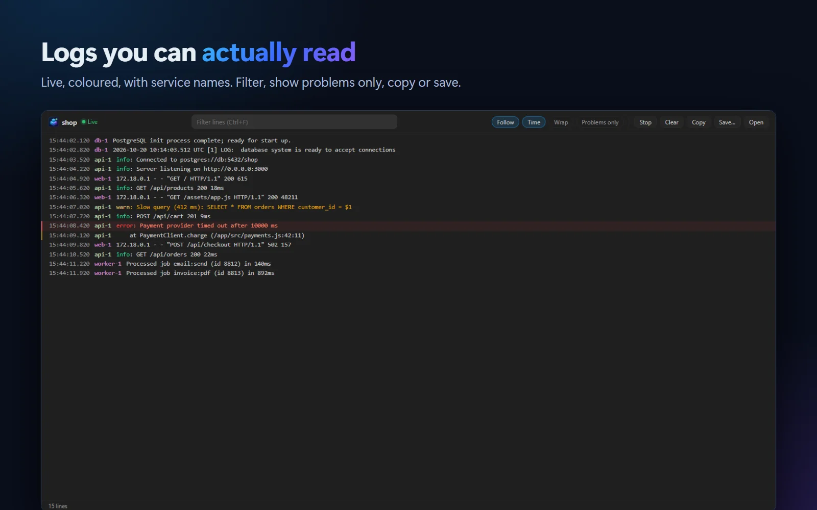 Live logs for a Compose project with coloured service names, timestamps and an error highlighted