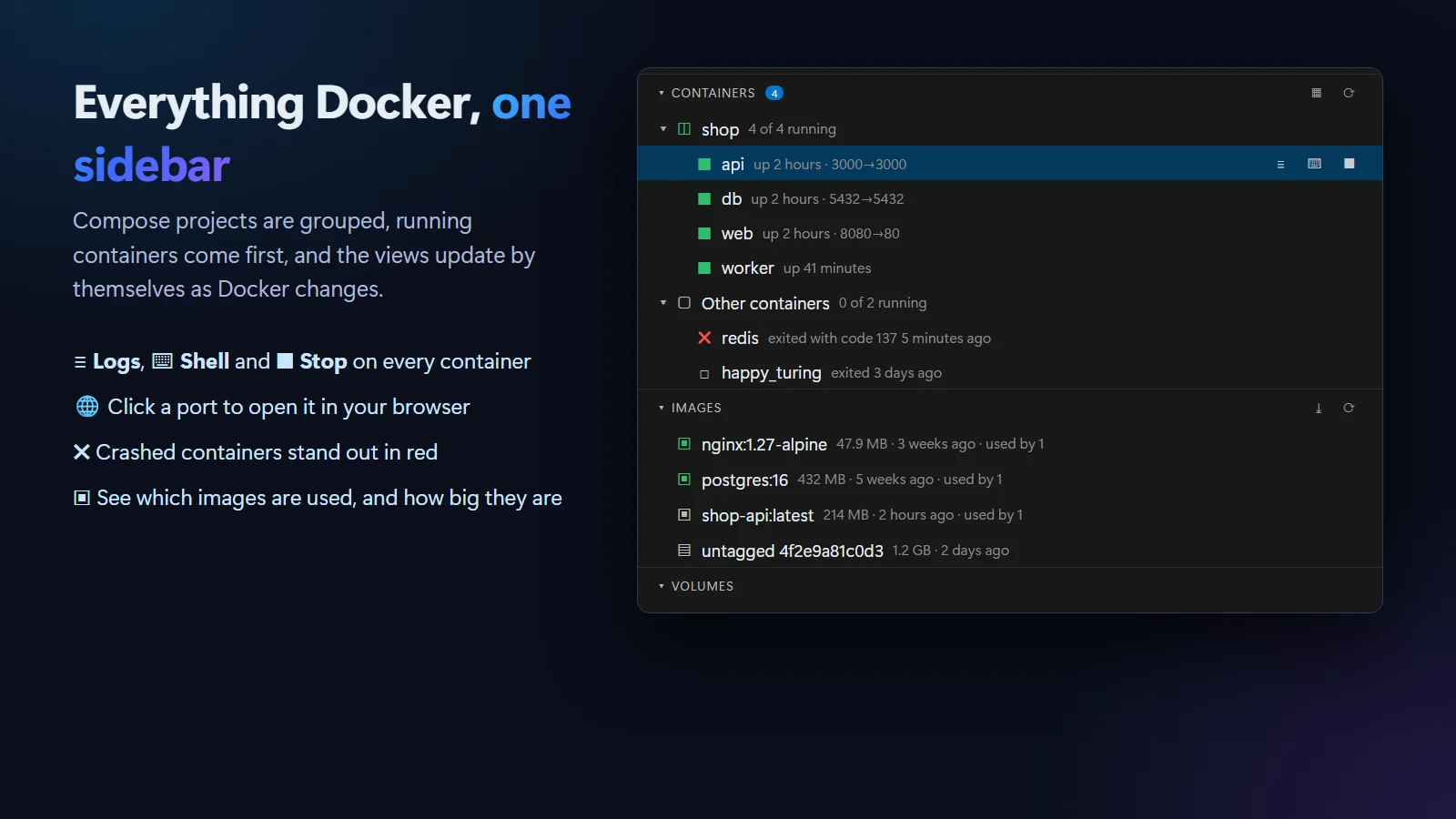 The Containers view with a Compose project and its services with ports, a crashed container in red, and images with sizes