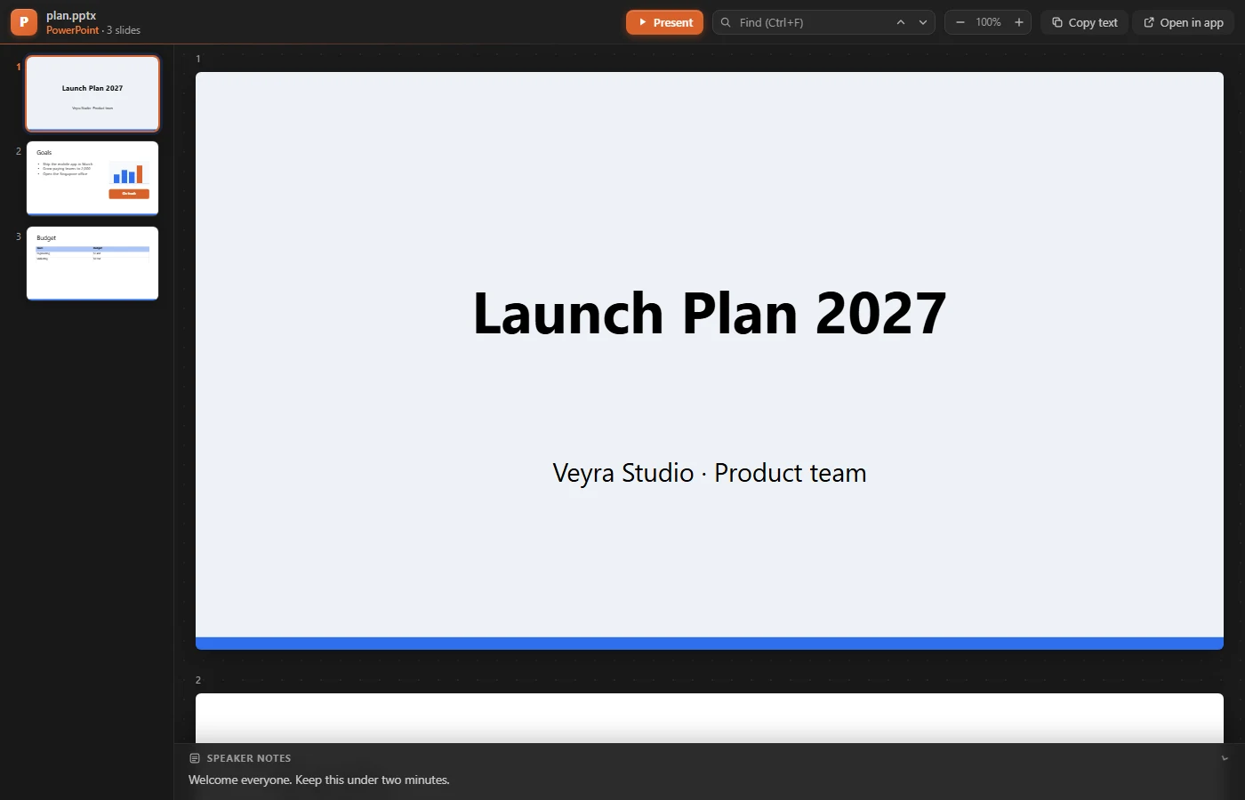 A PowerPoint deck open in VS Code: slide thumbnails, the title slide and the speaker notes