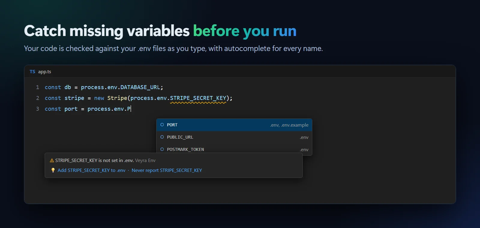 process.env.STRIPE_SECRET_KEY underlined as not set in .env, with a quick fix, and autocomplete after process.env.