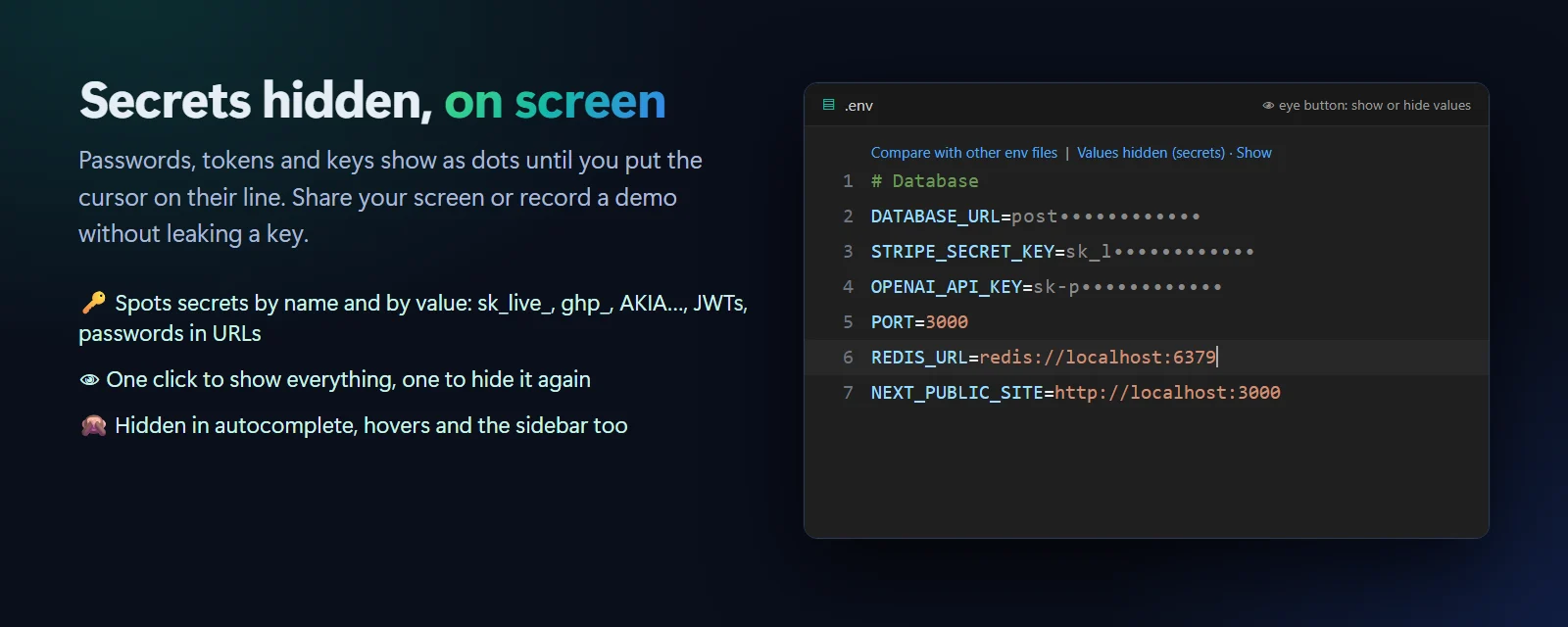 A .env file with secret values shown as dots and public values visible