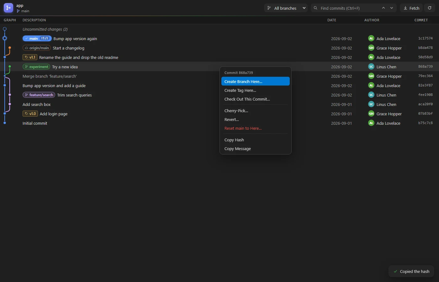 The right-click menu of a commit with branch, tag, cherry-pick, revert, reset and copy actions