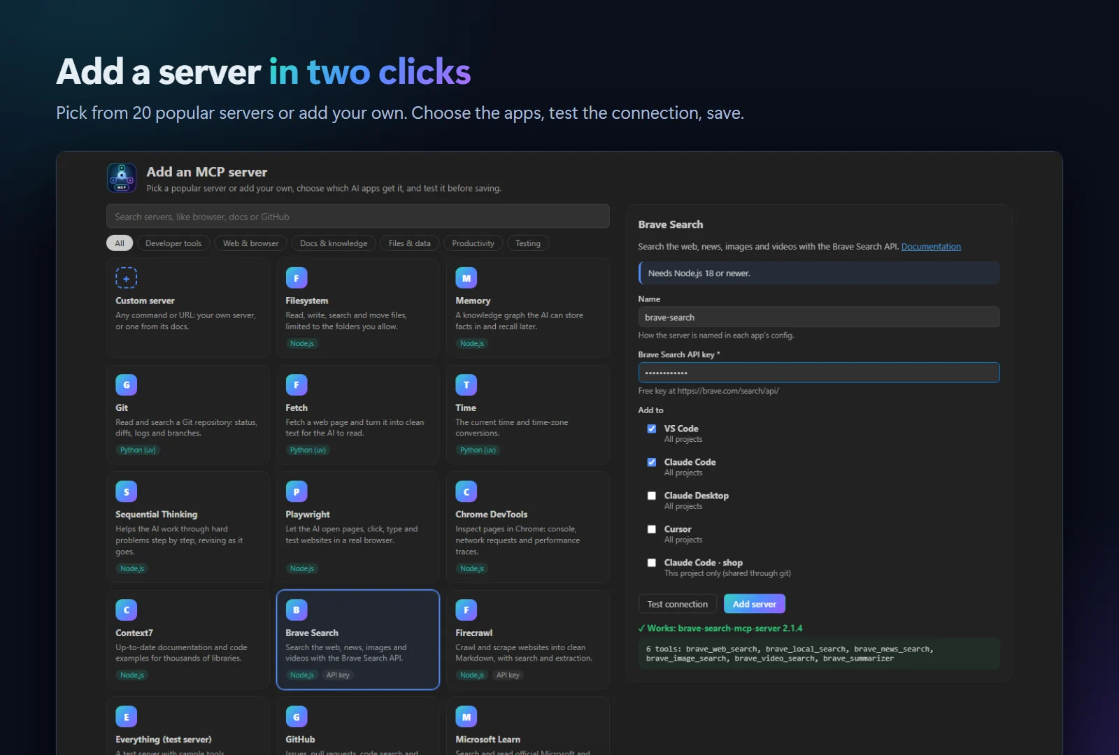 The Add MCP Server page: a searchable catalog of servers and a form with the apps to add it to and a successful connection test