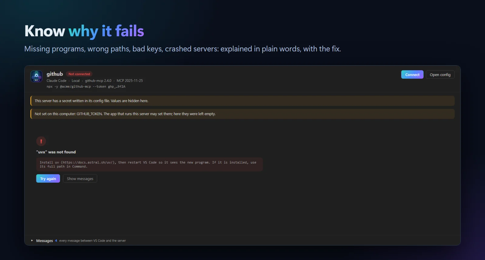 A failed server: uvx was not found, with the fix and a Try again button