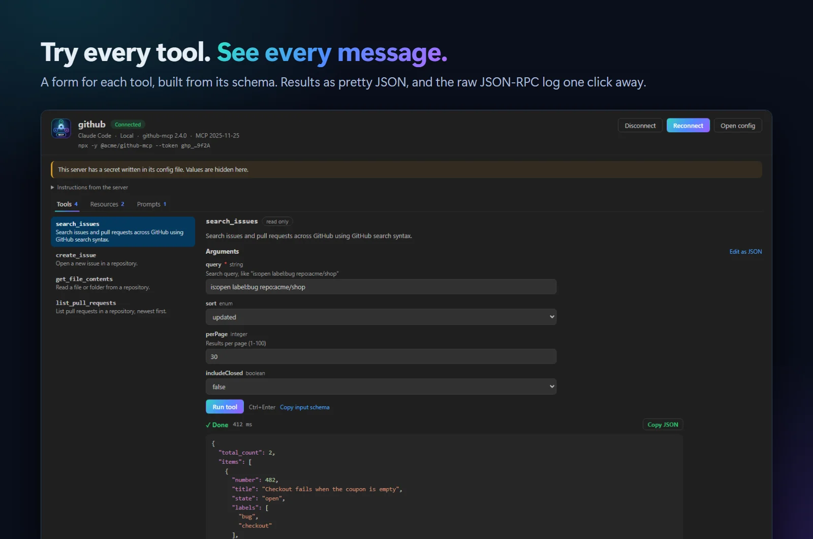The Inspector: a form for the search_issues tool and its JSON result after running it in 412 ms
