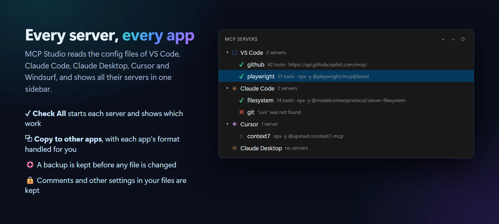 The MCP Servers sidebar with servers grouped by app, passing in green or failing in red with the reason