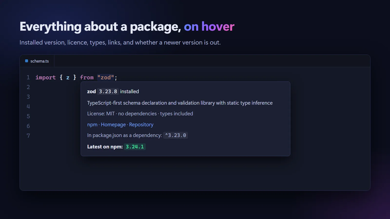 Hovering zod shows its installed version, licence, links and the latest version on npm