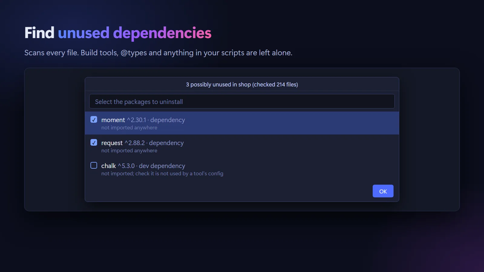 Find Unused Dependencies lists moment and request as not imported anywhere, with checkboxes to uninstall them