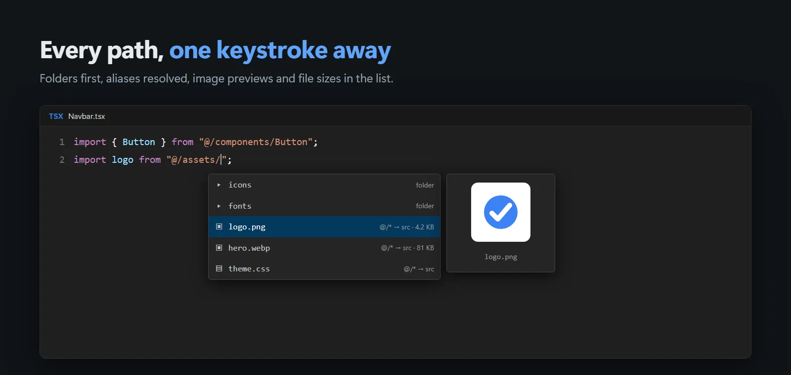 Completing @/assets/ with folders first, images with their sizes and an image preview