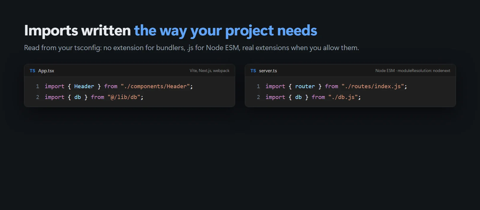 A bundler project importing without an extension, and a Node ESM project importing ./db.js