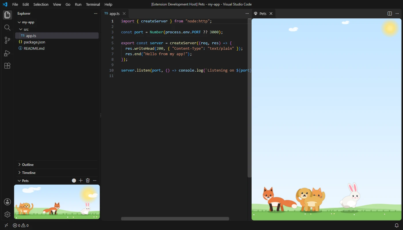 VS Code with a cat, dog, fox and bunny on a sunny meadow, in the Explorer and a bigger panel