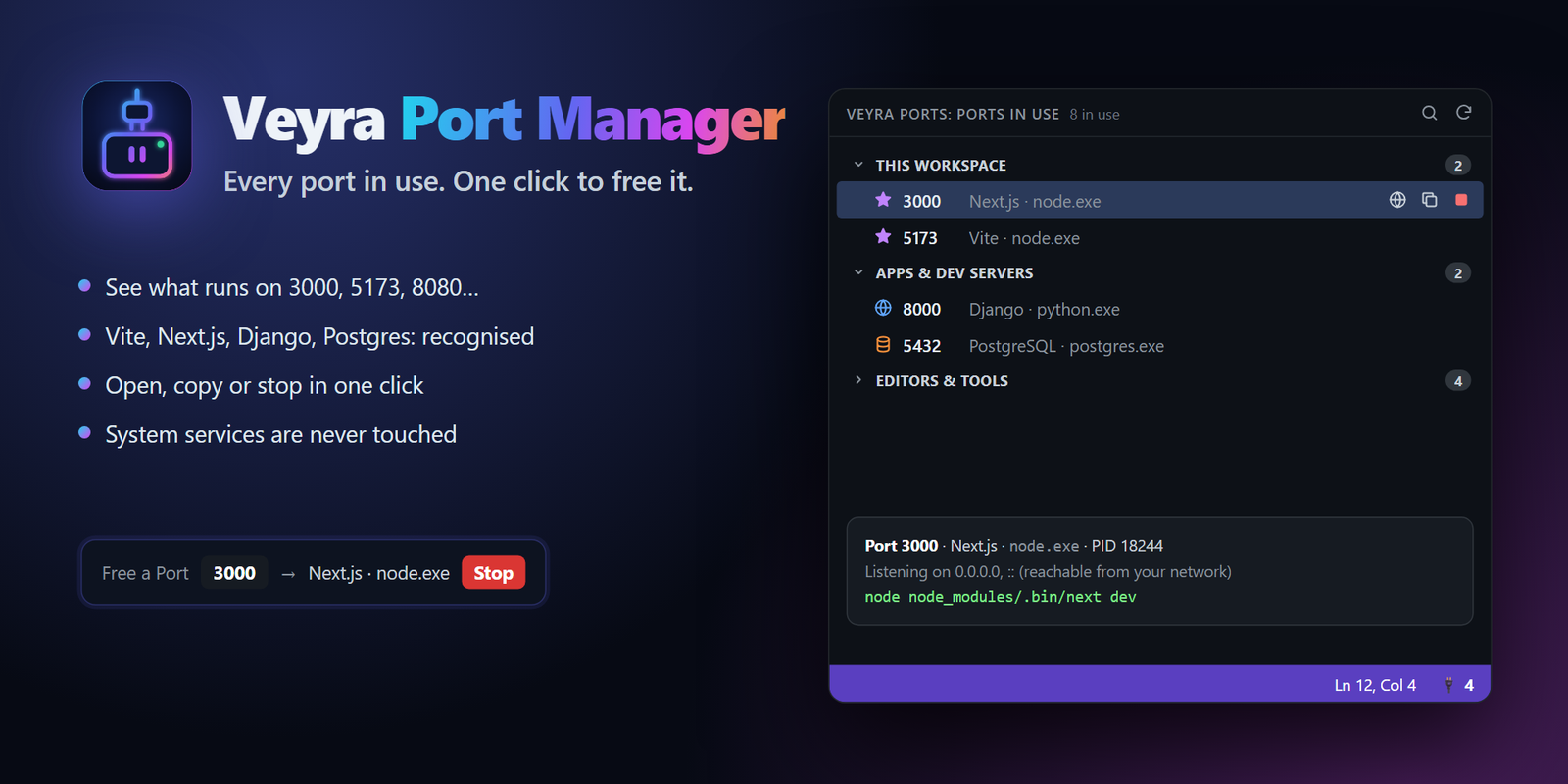 The Ports in Use view in VS Code: Next.js on 3000 and Vite on 5173 in This Workspace, Django on 8000 and PostgreSQL on 5432 in Apps and Dev Servers
