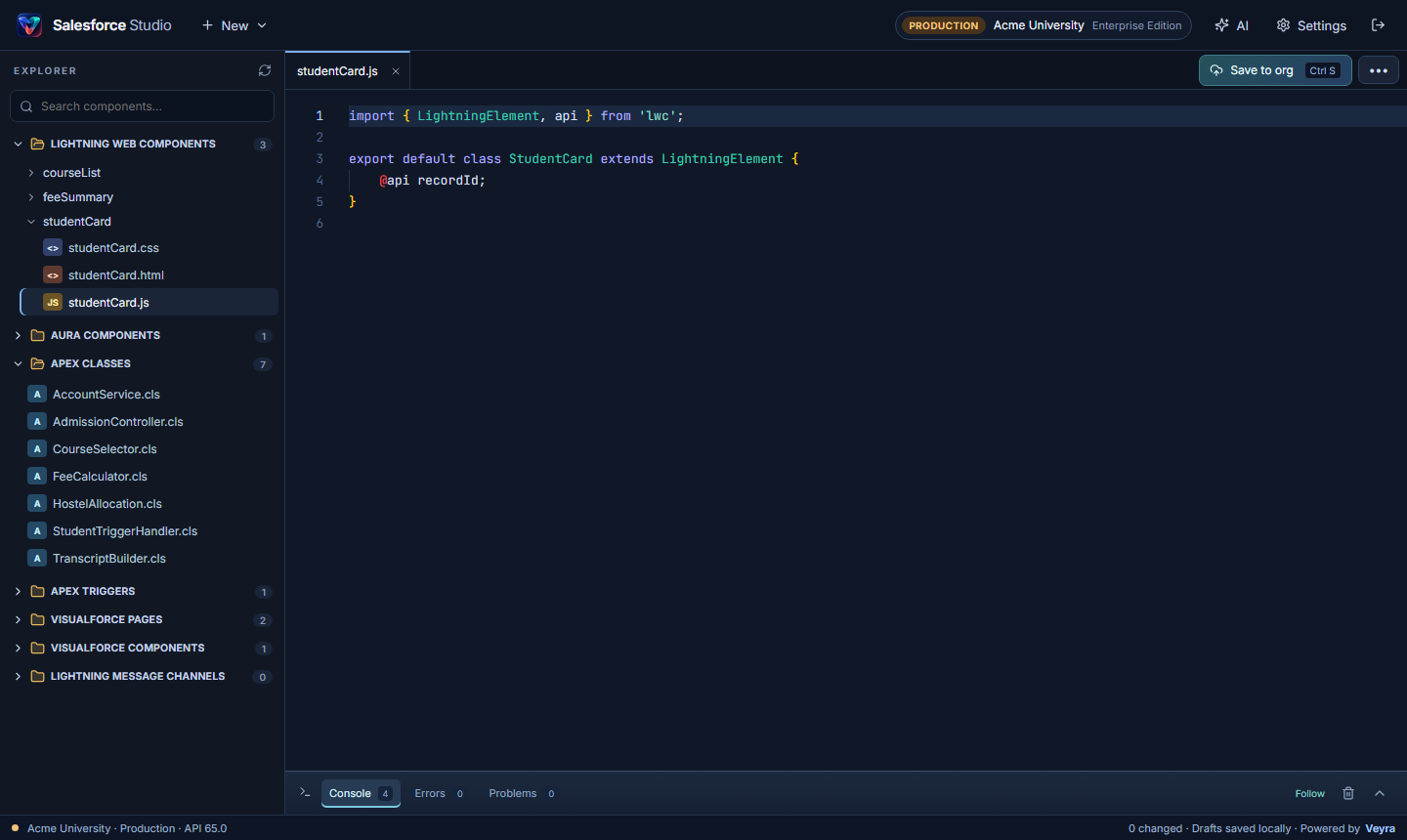 Editing a Lightning web component in Salesforce Studio with the explorer open
