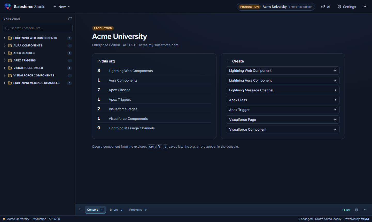 Salesforce Studio connected to a production org: the explorer lists Lightning web components, Aura, Apex and Visualforce with counts, next to quick-create buttons
