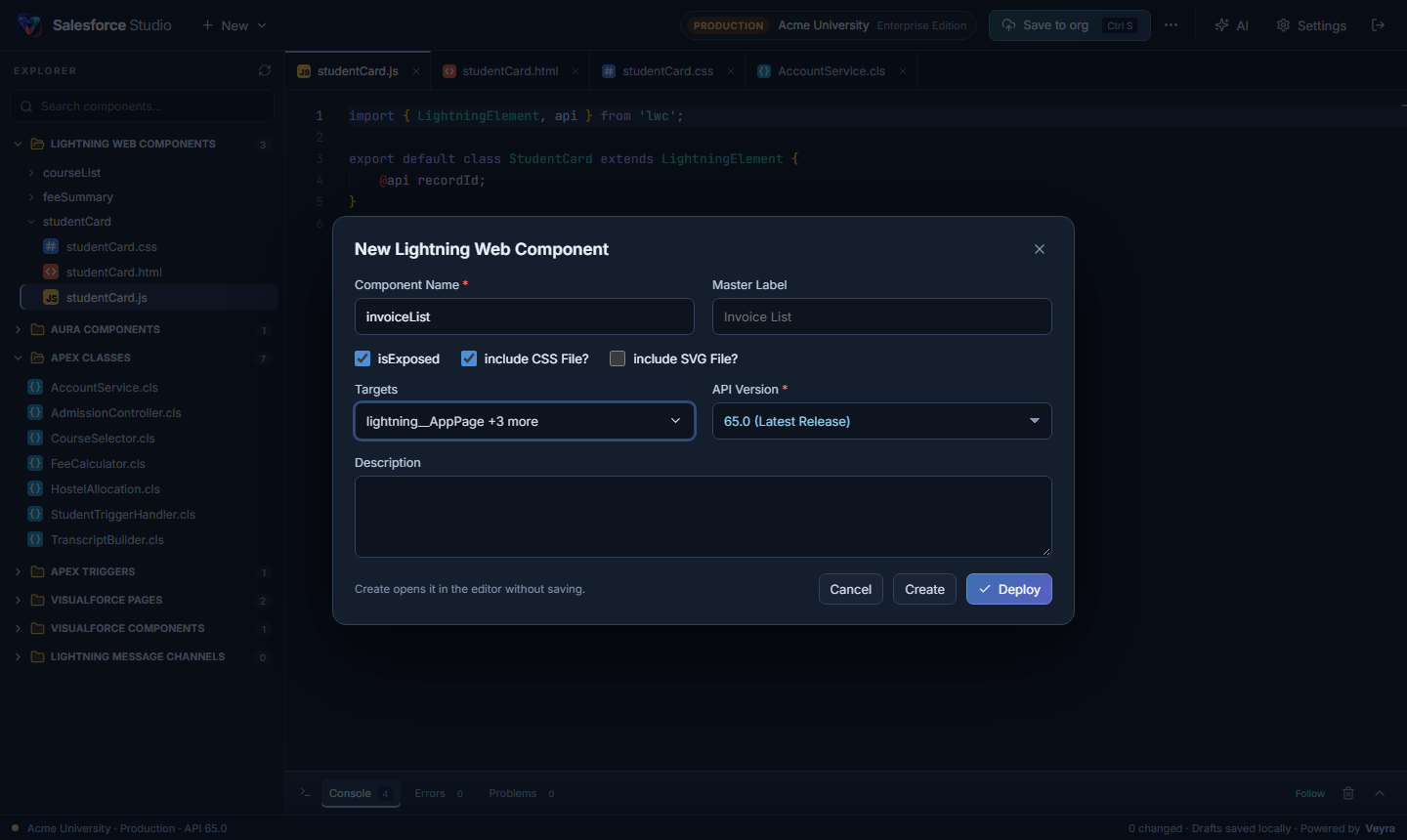 The New Lightning Web Component form with master label, isExposed, CSS file and a searchable list of targets