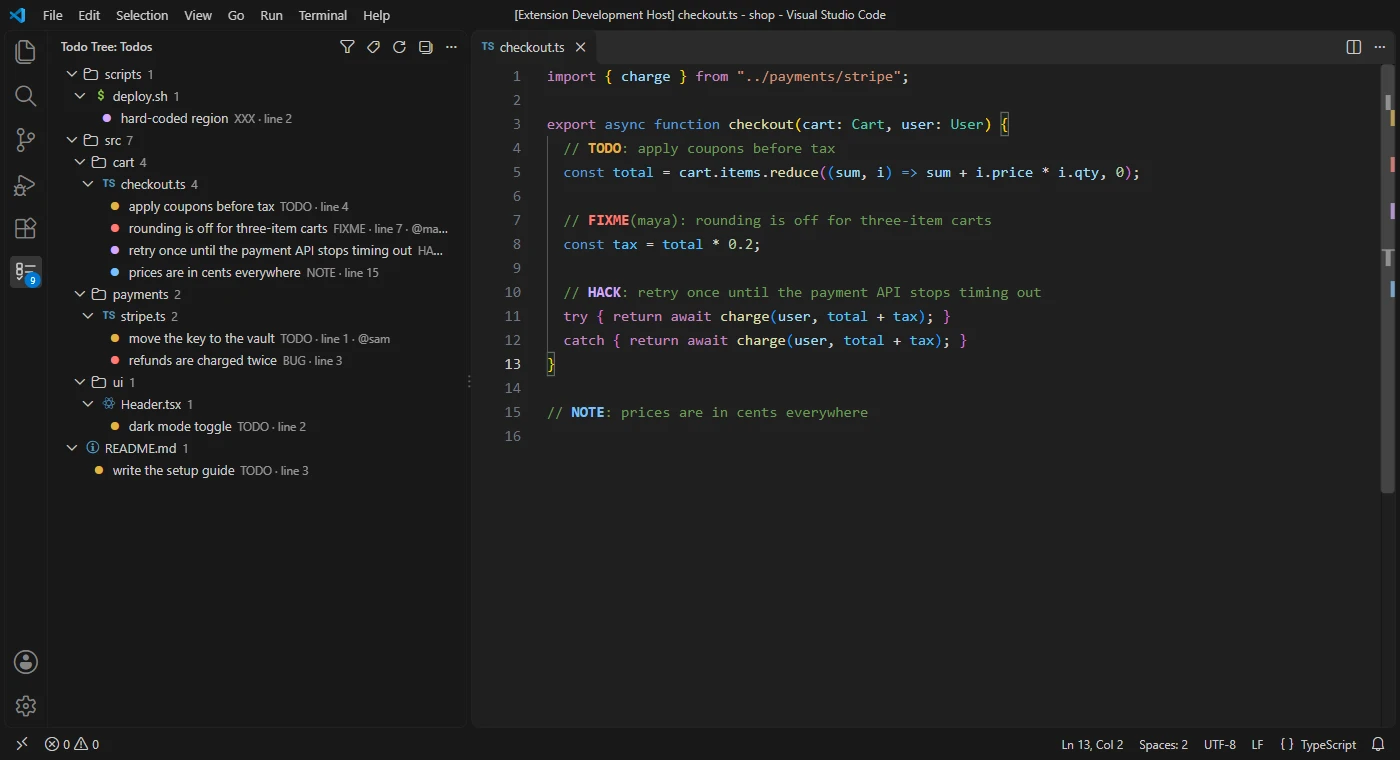 The Todo Tree panel grouped by folder and file next to code with coloured tags