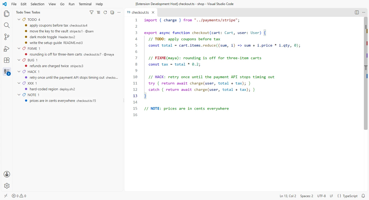The tags grouped under TODO, FIXME, BUG, HACK, XXX and NOTE in a light theme