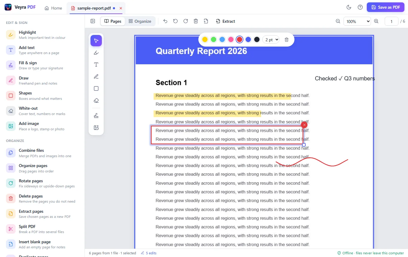A report in Veyra PDF with highlighted lines, a red box, added text and freehand ink