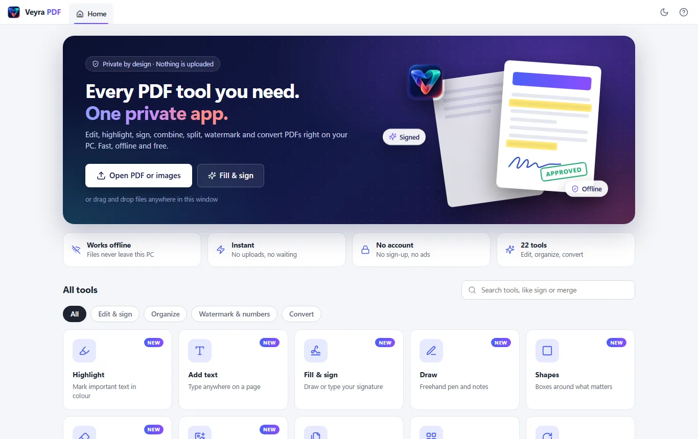 Veyra PDF home screen: open files, recent files and 22 tools in Edit & sign, Organize, Watermark & numbers and Convert