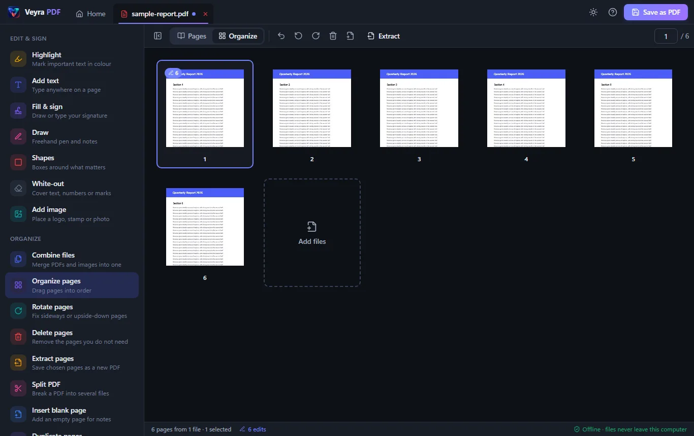 Organize view in dark mode: page thumbnails to drag into order, with the tools panel