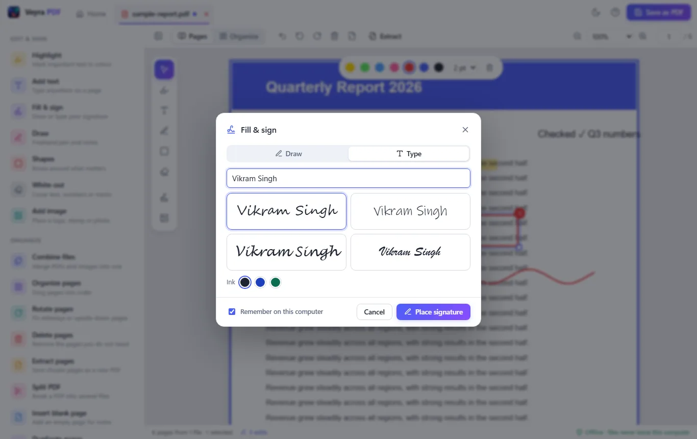 The Fill & sign dialog with a typed signature in four handwriting styles